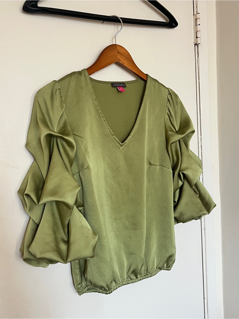 Vince Camuto Sage Green V-Neck Blouse with Ruffle Balloon Sleeves